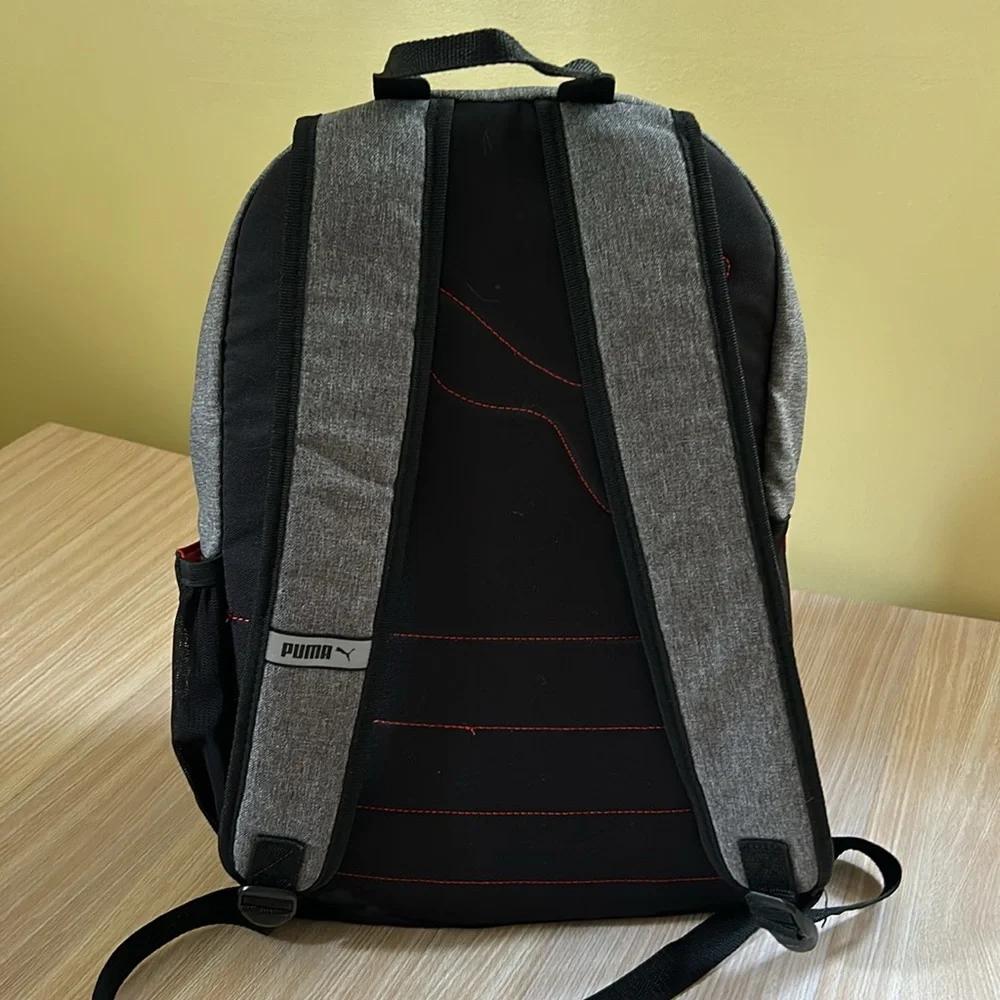 Puma backpack black red gray laptop compartment pockets, front zip pocket, logo