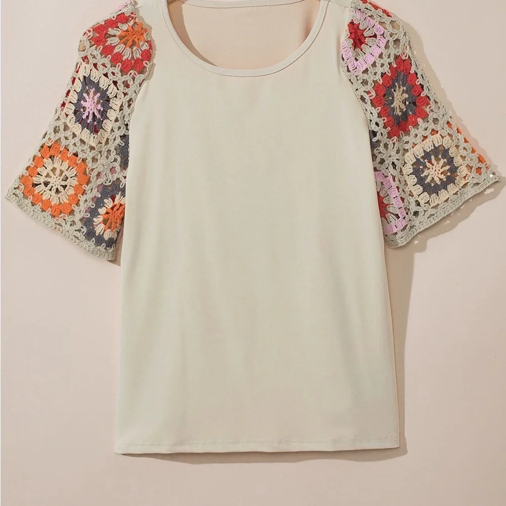 Parchment Floral Crochet Short Sleeve Top Bohemian Blouse