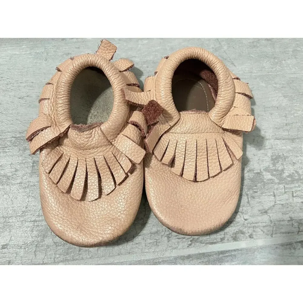 Los Angeles Boutique Peach Pink Boho Fringe Moccasins Baby Toddler Sz 5 18-24m