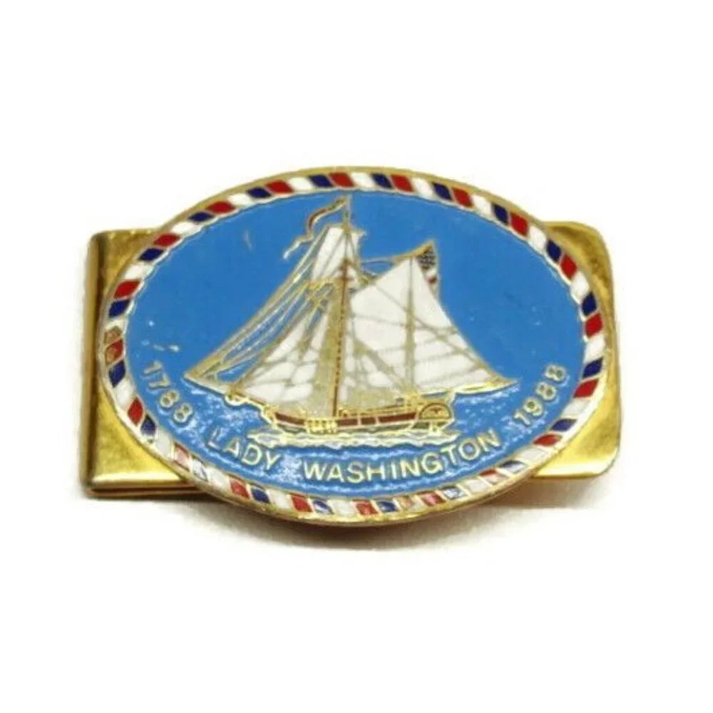 Lady Washington Ship Money Clip Red White Blue GoldT Vtg Cash Holder Credit Card