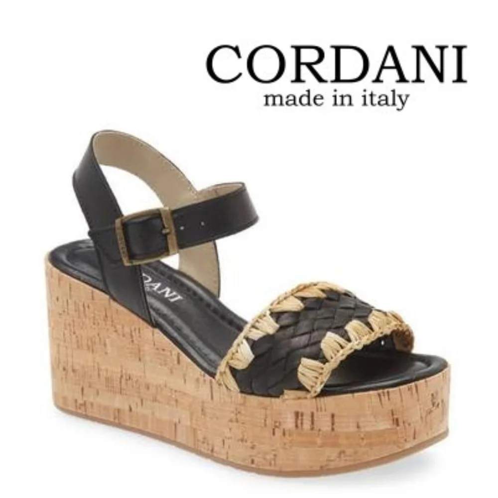 CORDANI - Joelle Platform Wedge Sandal In Black/Cork - Size Eu 40/ Size 9 - 9.5