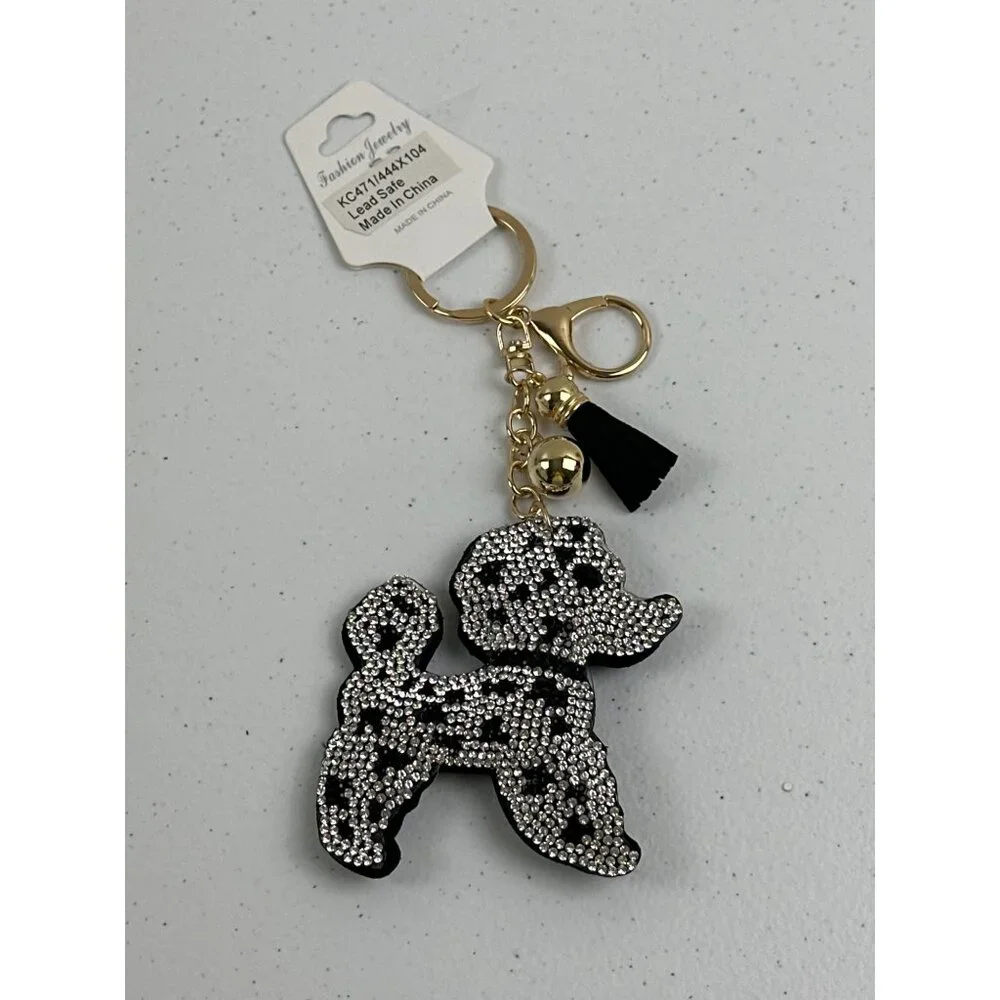Rhinestone Poodle Keychain With Tassel & Gold Ring Lead Safe