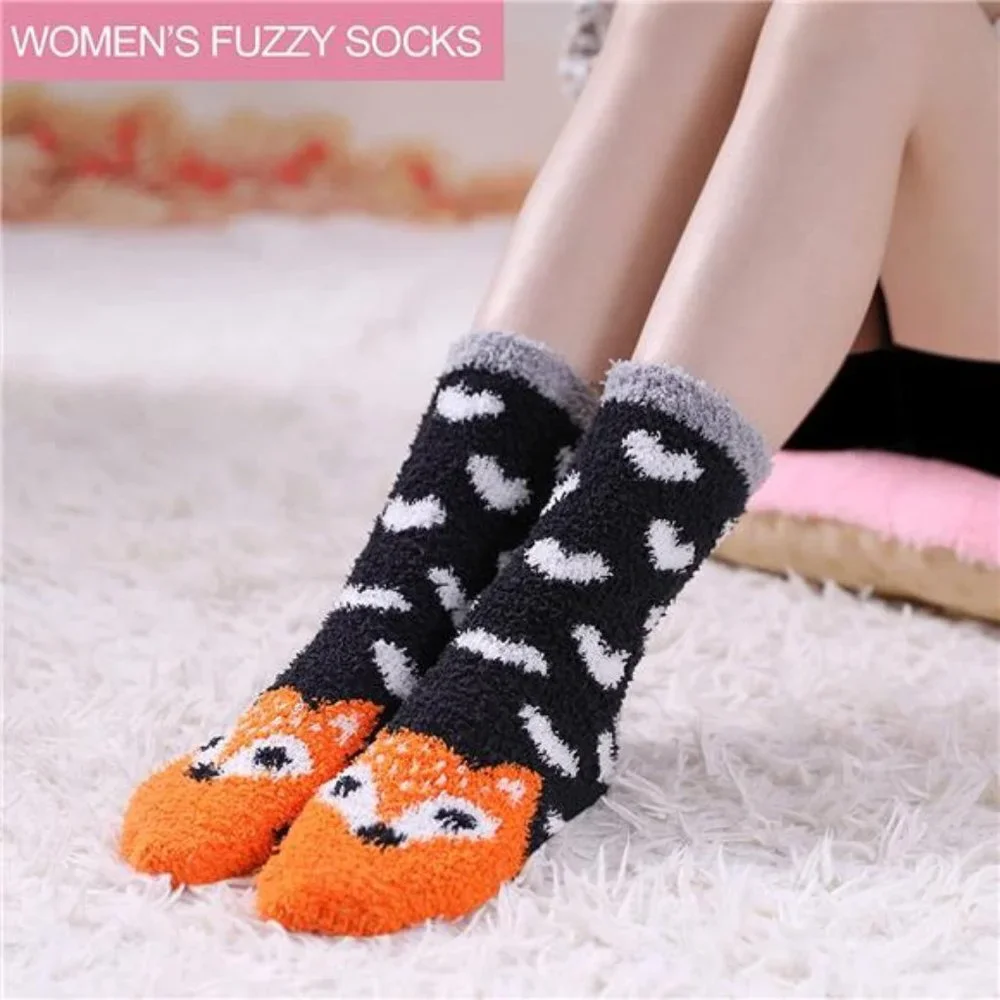 6 Pair Women's Animal Soft Warm Microfiber Cozy Fluffy Winter Slipper Socks