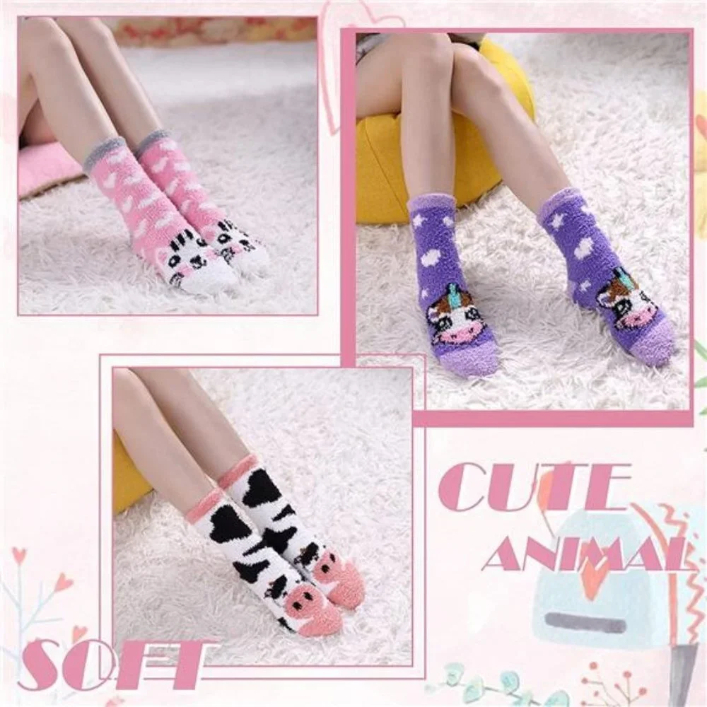 6 Pair Women's Animal Soft Warm Microfiber Cozy Fluffy Winter Slipper Socks