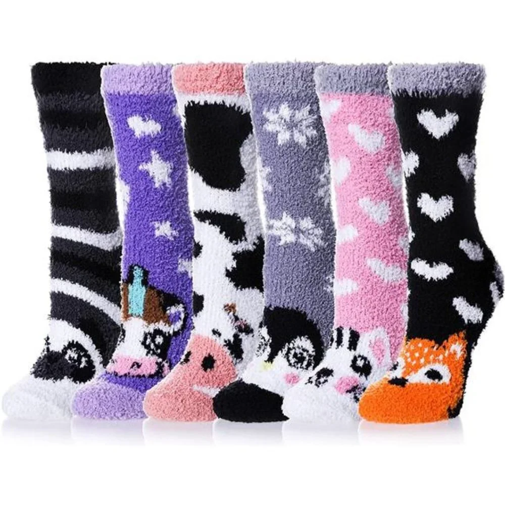6 Pair Women's Animal Soft Warm Microfiber Cozy Fluffy Winter Slipper Socks