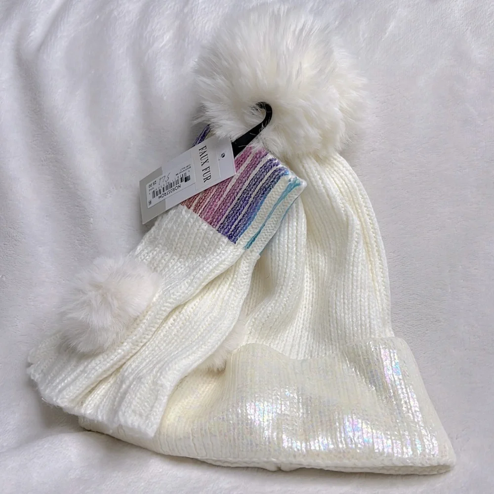 BP. Nordstrom Girls White Rainbow Unicorn Beanie Fingerless Gloves set Pom Pom