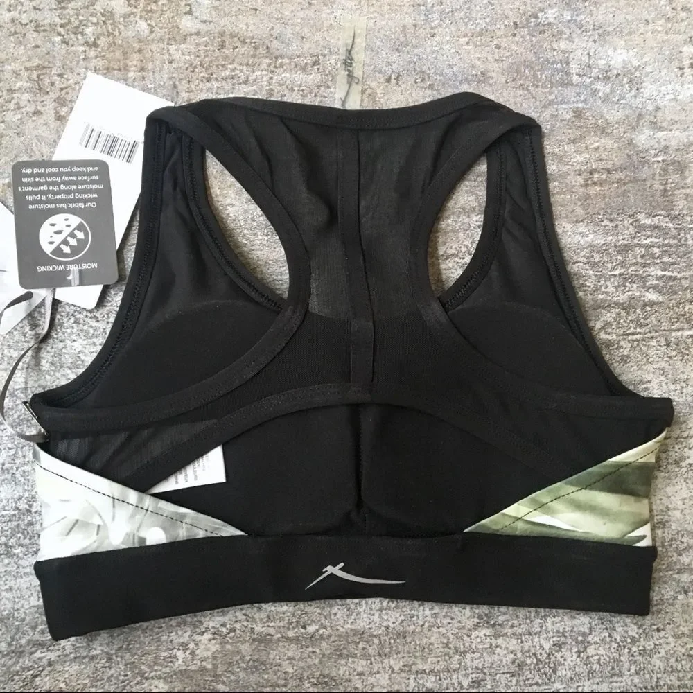 X by Gottex Mesh Contrast Floral Scoop Neck Racerback Sports Bra XS Green Black