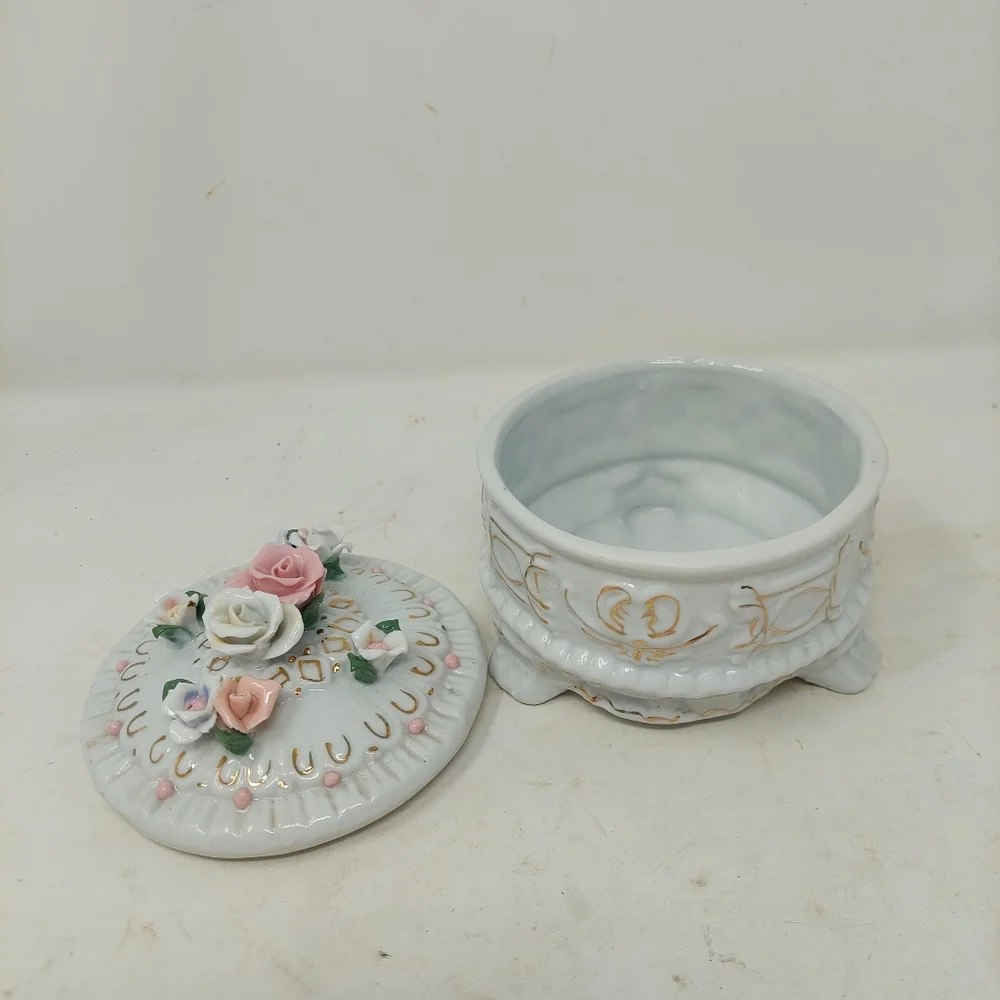 Vintage Floral Trinket Box Porcelain White Pink Roses Jewelry Footed Victorian