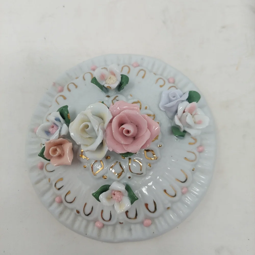 Vintage Floral Trinket Box Porcelain White Pink Roses Jewelry Footed Victorian