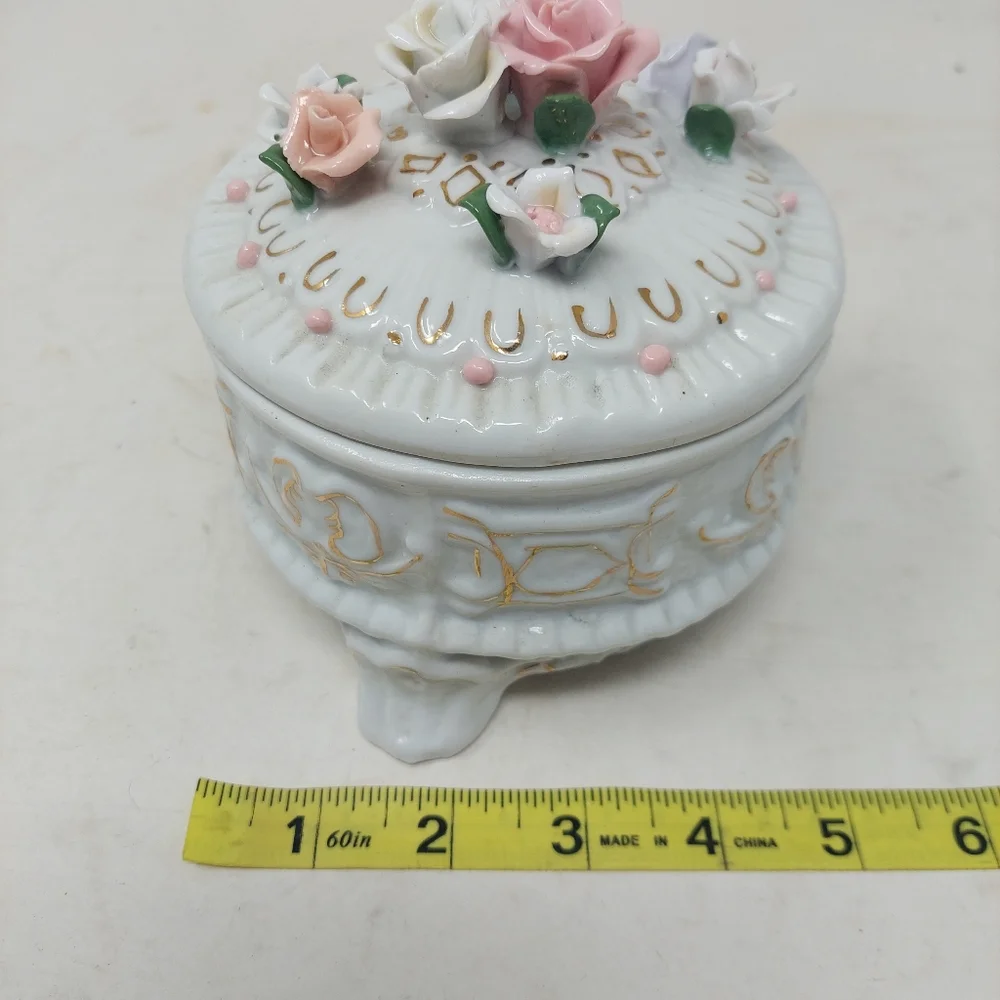 Vintage Floral Trinket Box Porcelain White Pink Roses Jewelry Footed Victorian