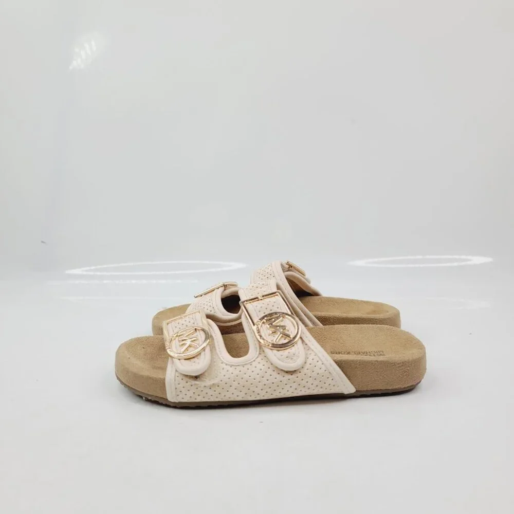Michael Kors Girl's Beige Tan Zoria Double Strap Logo Slip-On Slide Sandal 12