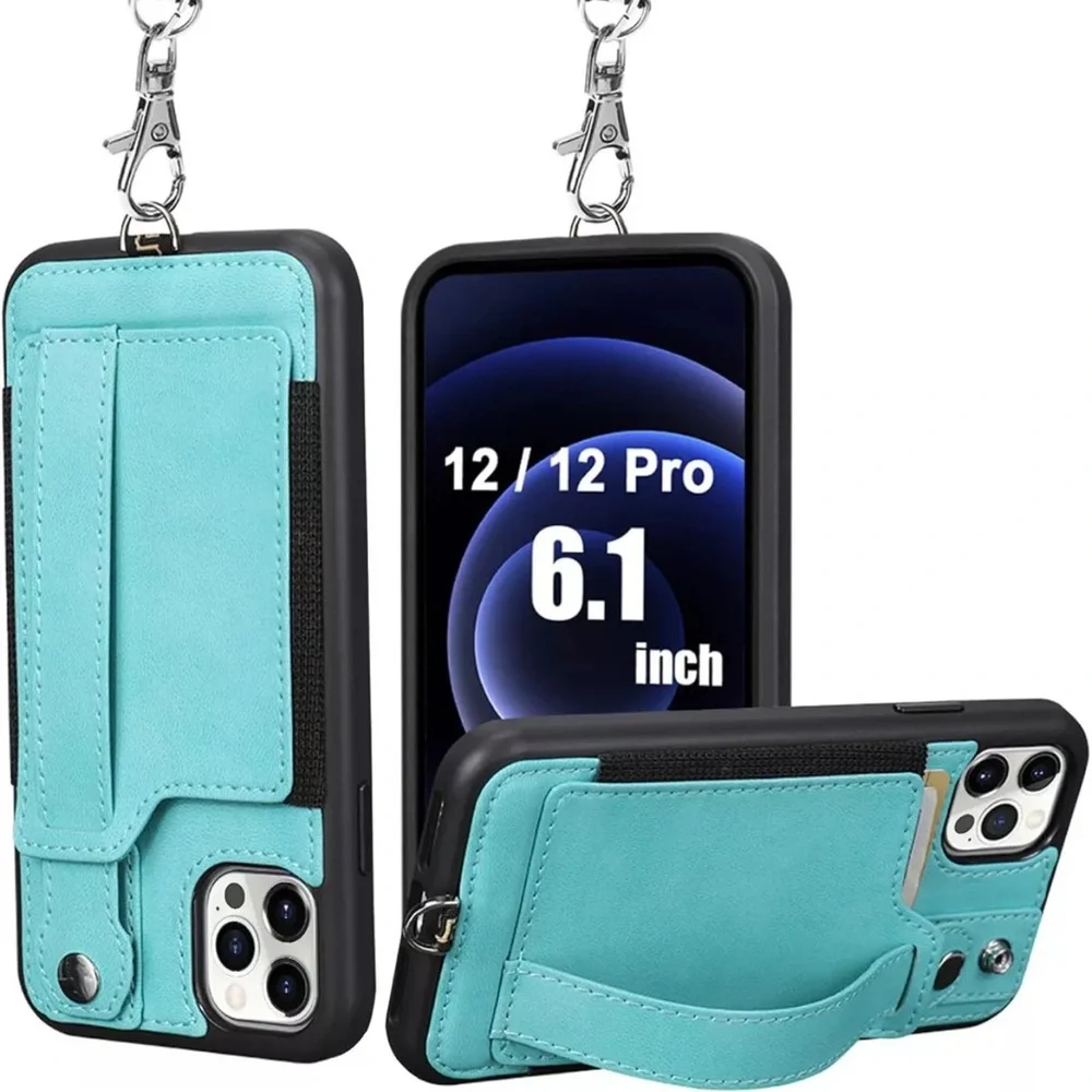 TOOVREN iPhone 12/12 Pro Case with Strap, with Card Holder Green