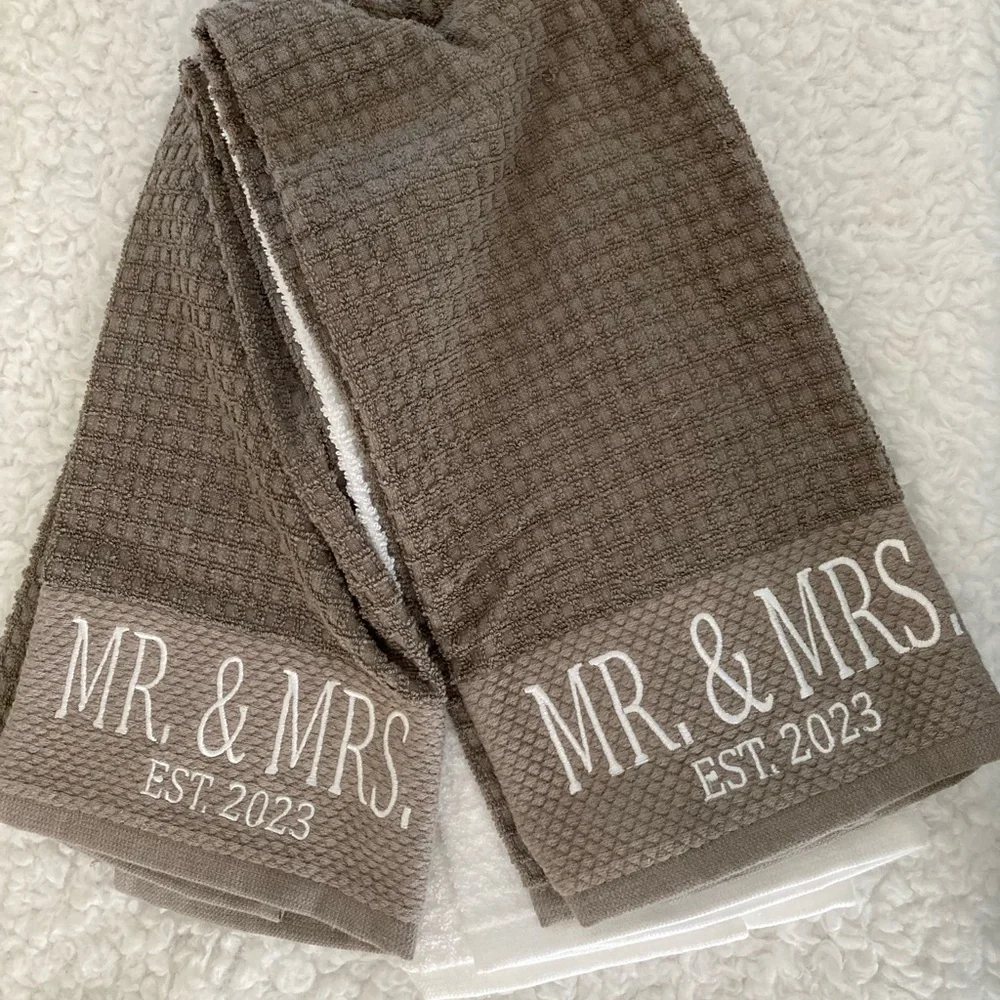 Mr. & Mrs. 2023 grey and white Deborah Connolly hand towels, set of 3