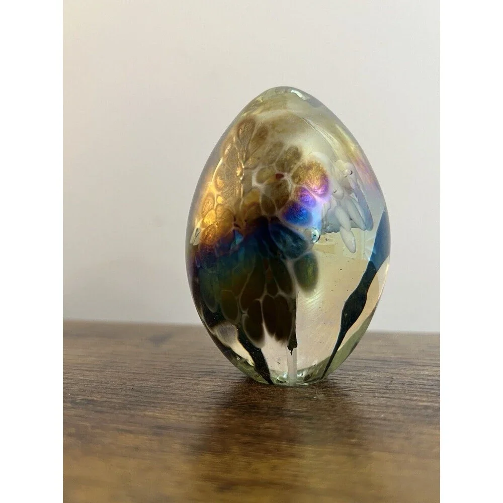 Vintage Metallic Multi Colored Swirl Egg Paperweight White Trumpet Flower