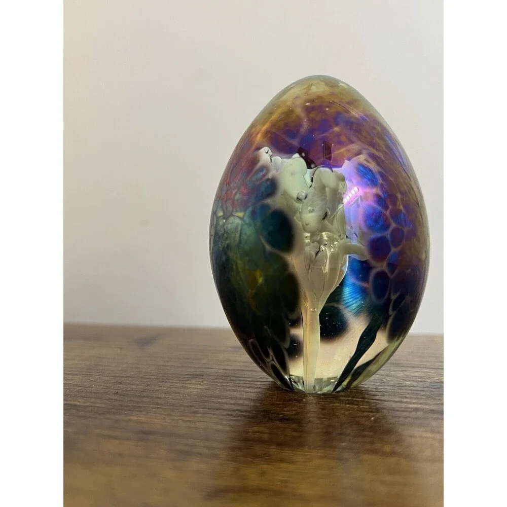 Vintage Metallic Multi Colored Swirl Egg Paperweight White Trumpet Flower