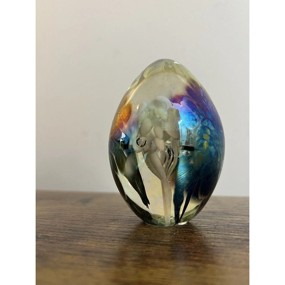 Vintage Metallic Multi Colored Swirl Egg Paperweight White Trumpet Flower