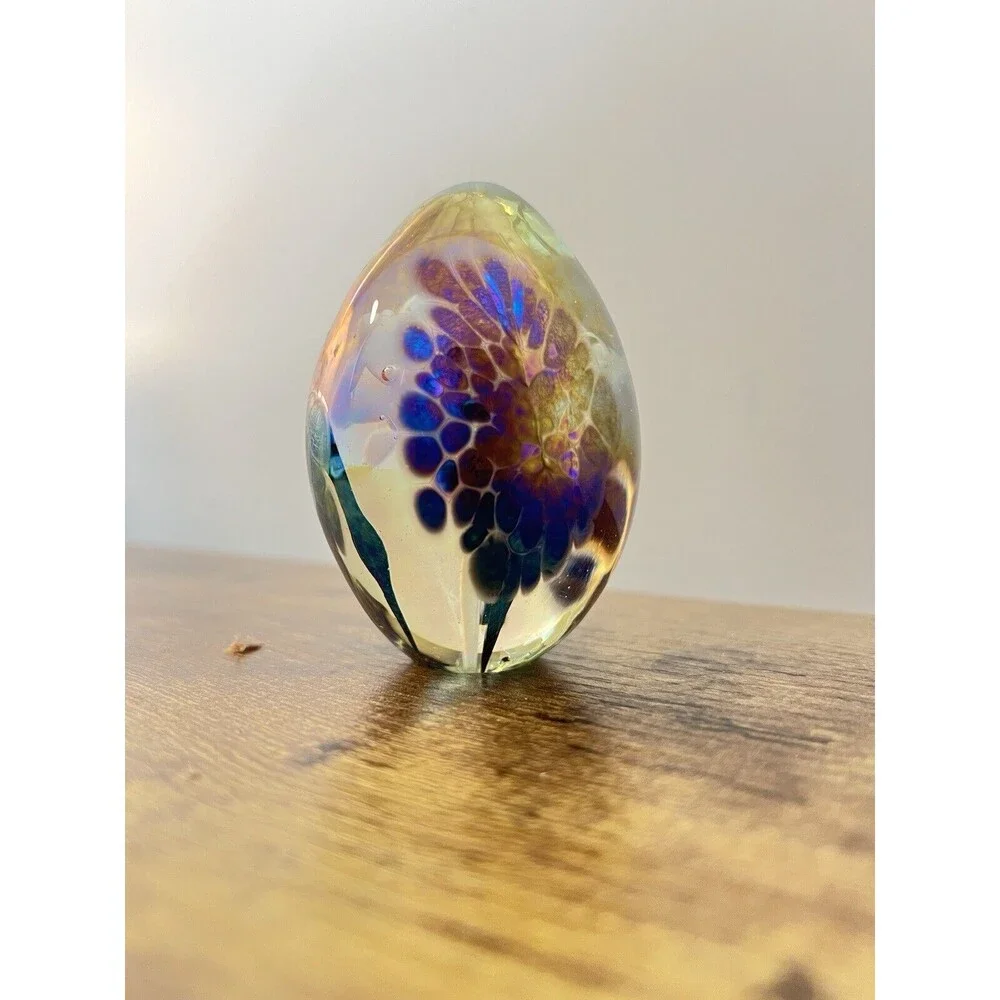 Vintage Metallic Multi Colored Swirl Egg Paperweight White Trumpet Flower