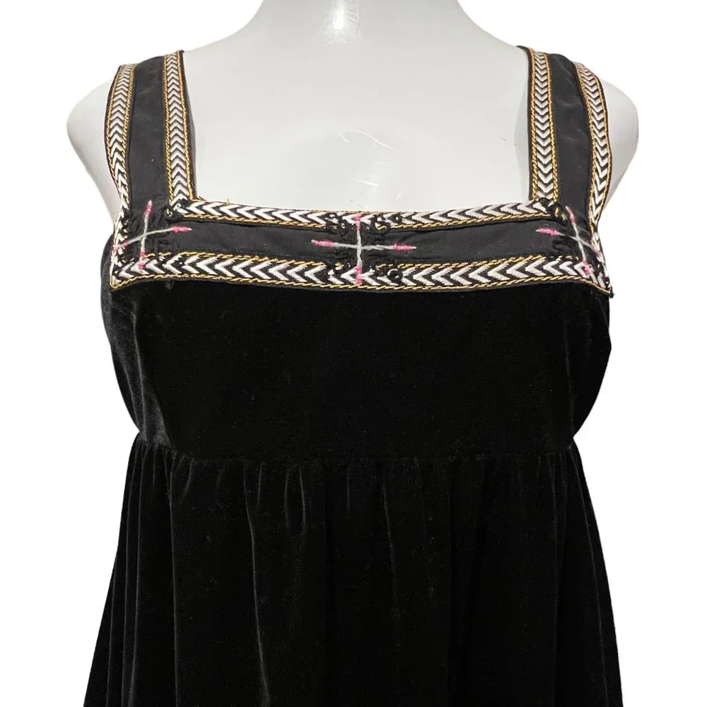 Free People Velvet Babydoll Snowflake Embroidered Mini Dress, Black, M