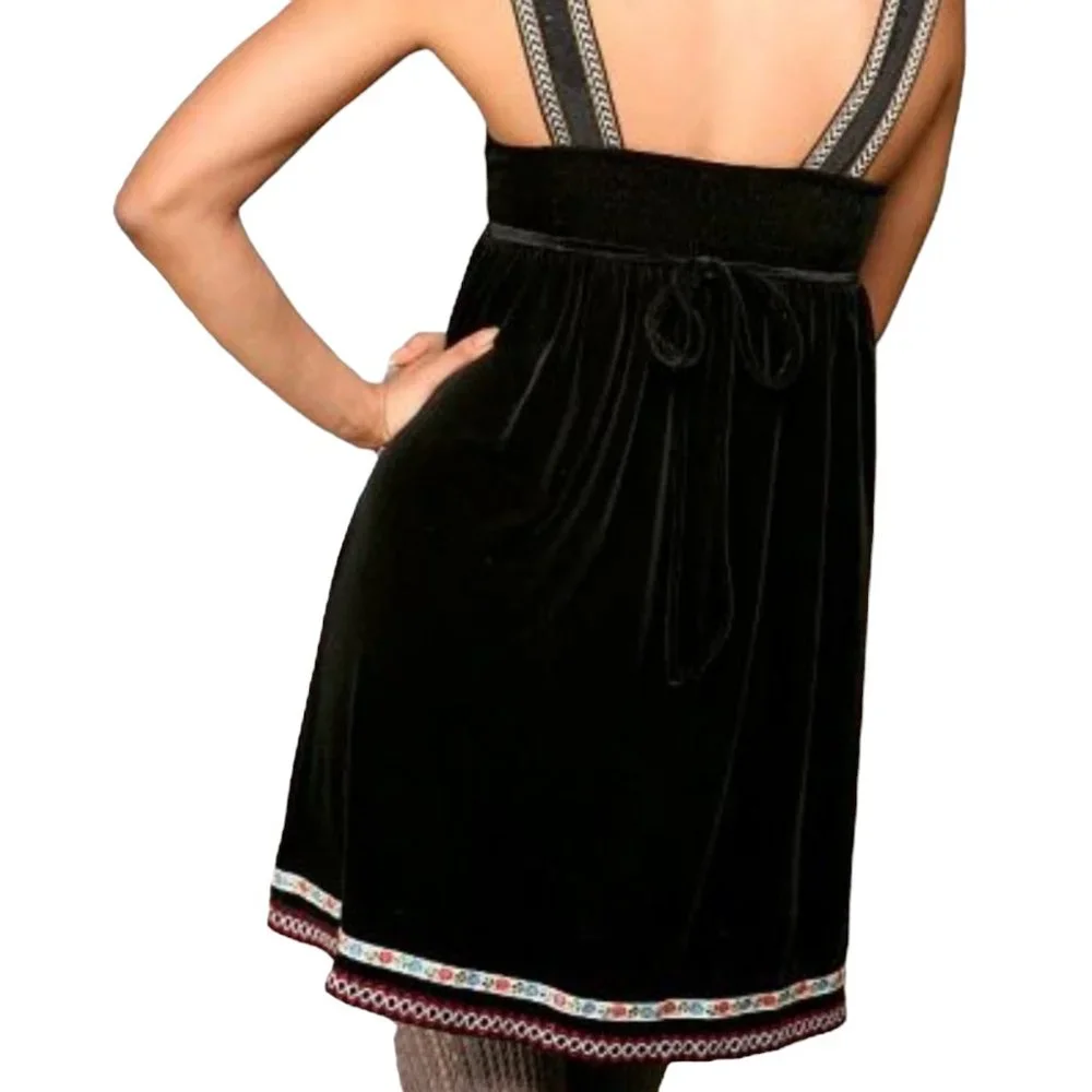 Free People Velvet Babydoll Snowflake Embroidered Mini Dress, Black, M