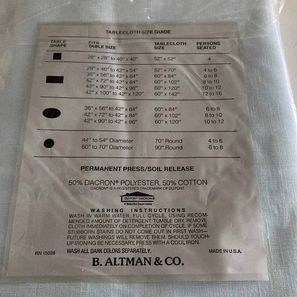 Vintage tablecloth and made for B. Altman & Co. NIP 60”/84”