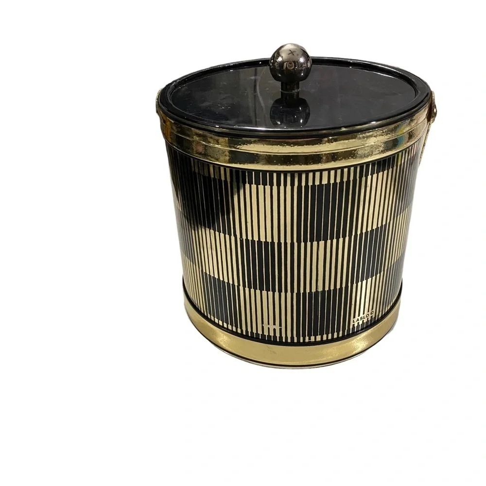 Vintage Unique Laslo Ice Bucket Drulane A Towle Co USA Made Shiny Black & Gold