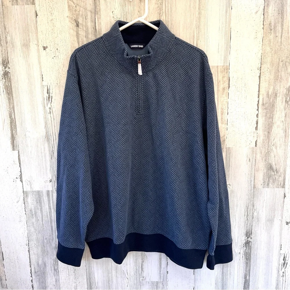 Lands’ End Men’s Size XXL 59-52 Herringbone 1/4 Zip Pullover Sweater Blue/Navy