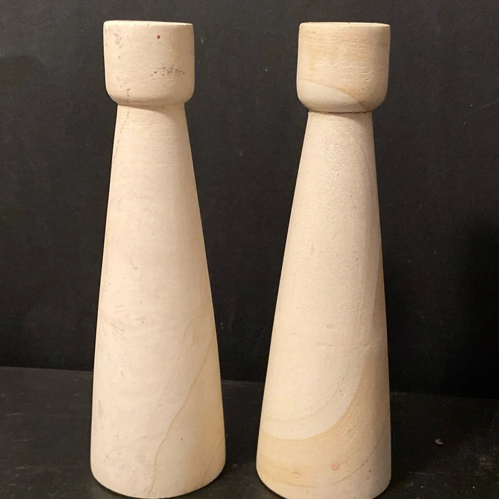 West Elm Taper Candle Holders Ceramic Birch Cream H-7.75”