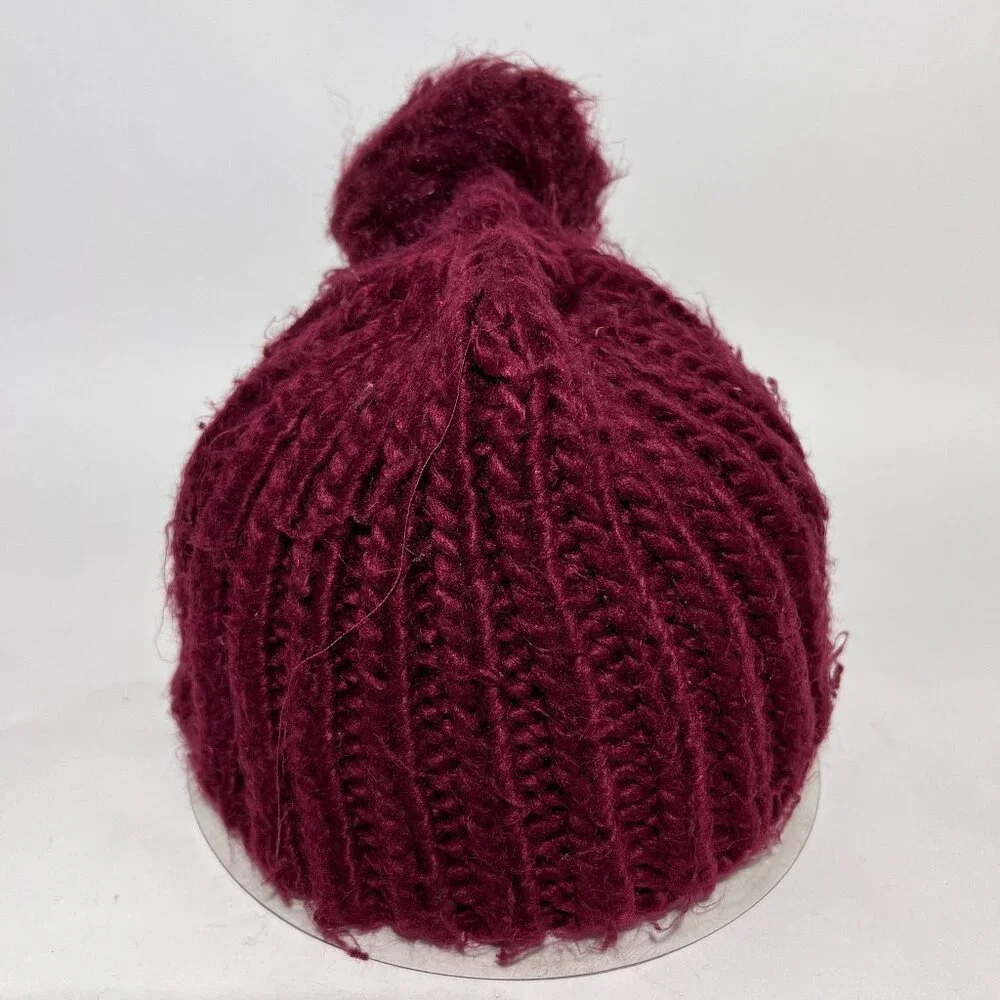 Justice Youth Maroon Knit Beanie Hat Faux Fur Pom Ski Snow Winter Girls Outdoor