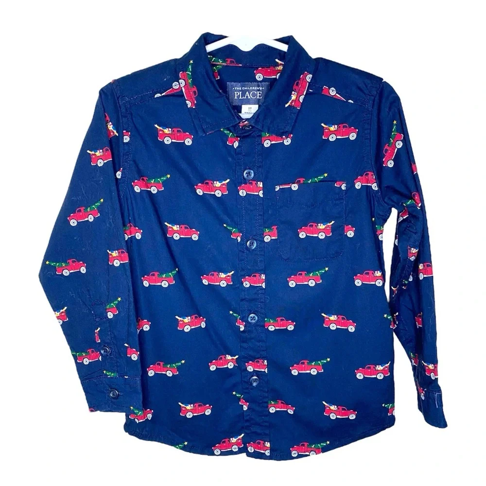 The Children’s Place Navy Blue Red Truck Christmas Tree Button Up Size 3T