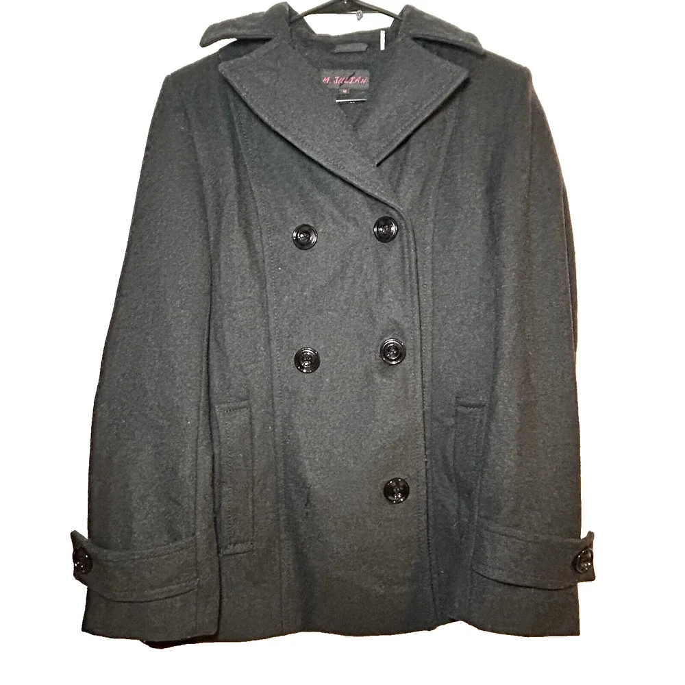 M. Julian Wool Blend Black Double Breasted Military Pea Coat Medium Fully Lined