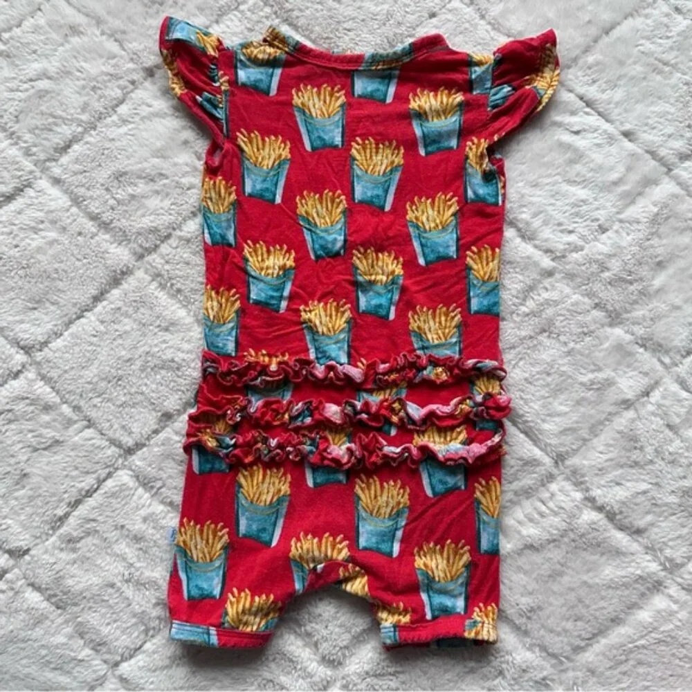 Posh Peanut | “Time Fries” Red Ruffle Butt Shorts Romper | Size 6-9 Months