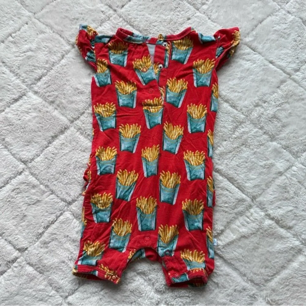 Posh Peanut | “Time Fries” Red Ruffle Butt Shorts Romper | Size 6-9 Months