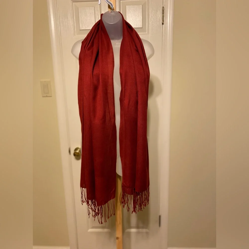 Lovely burgundy color long scarf with fringes, Size: 30”W x 70”L
