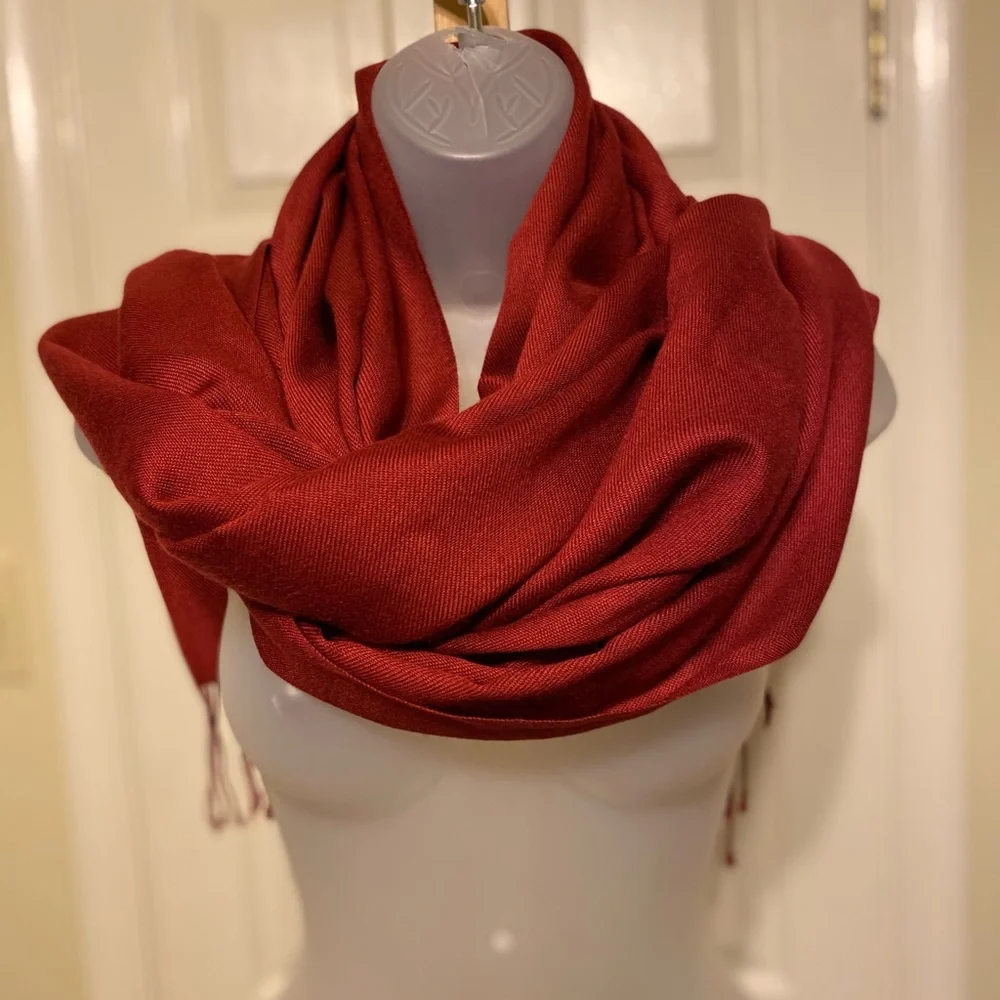 Lovely burgundy color long scarf with fringes, Size: 30”W x 70”L