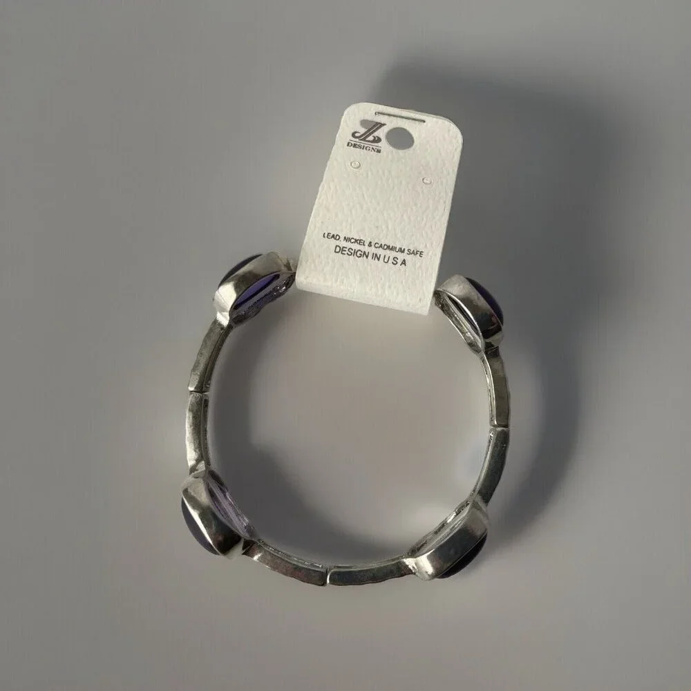 JL Designs Purple Silvertone Stretch Bracelet Rectangle Bangle Costume Jewelry
