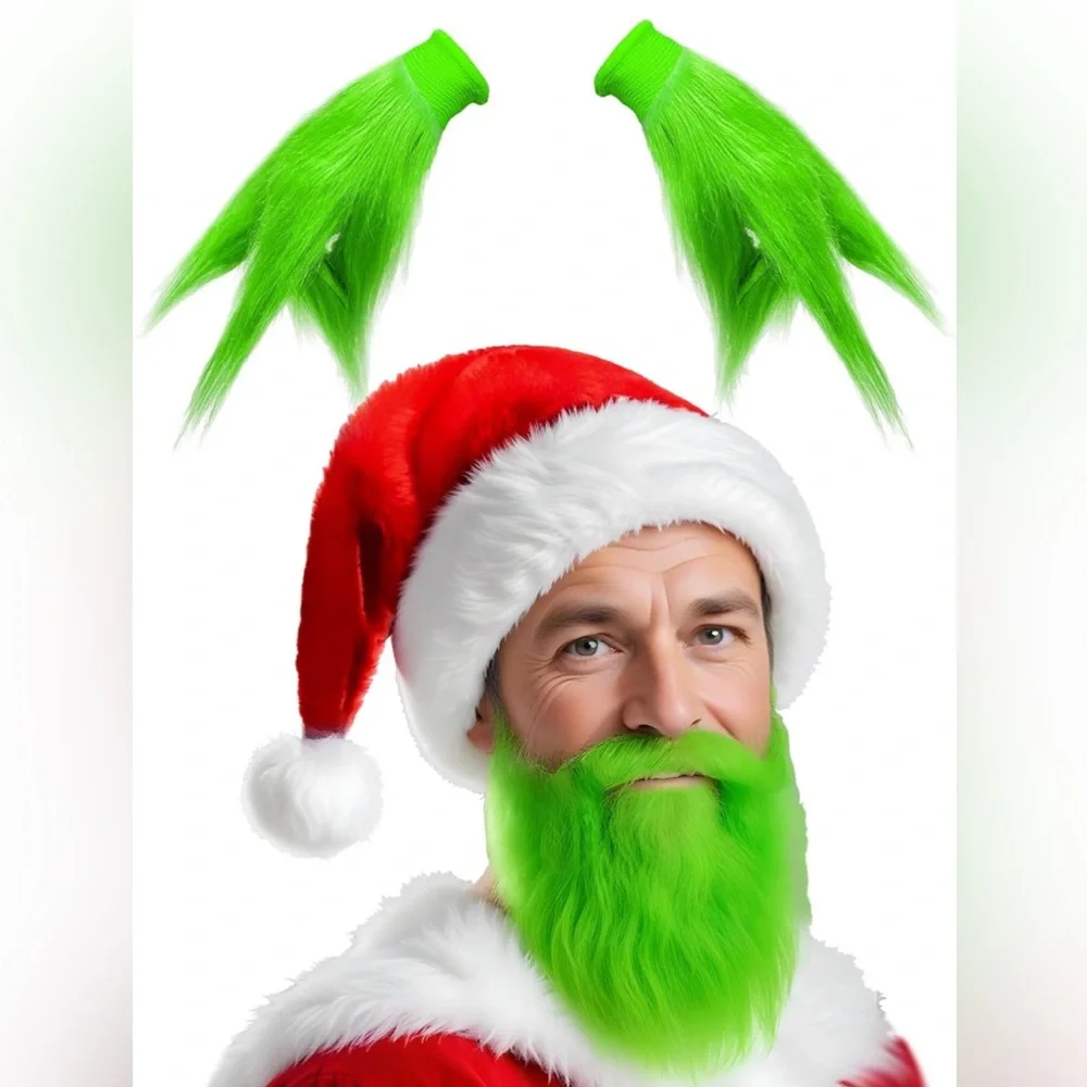 Christmas Santa Hat Red with Beard Green Furry Hand Gloves for Adult!!!