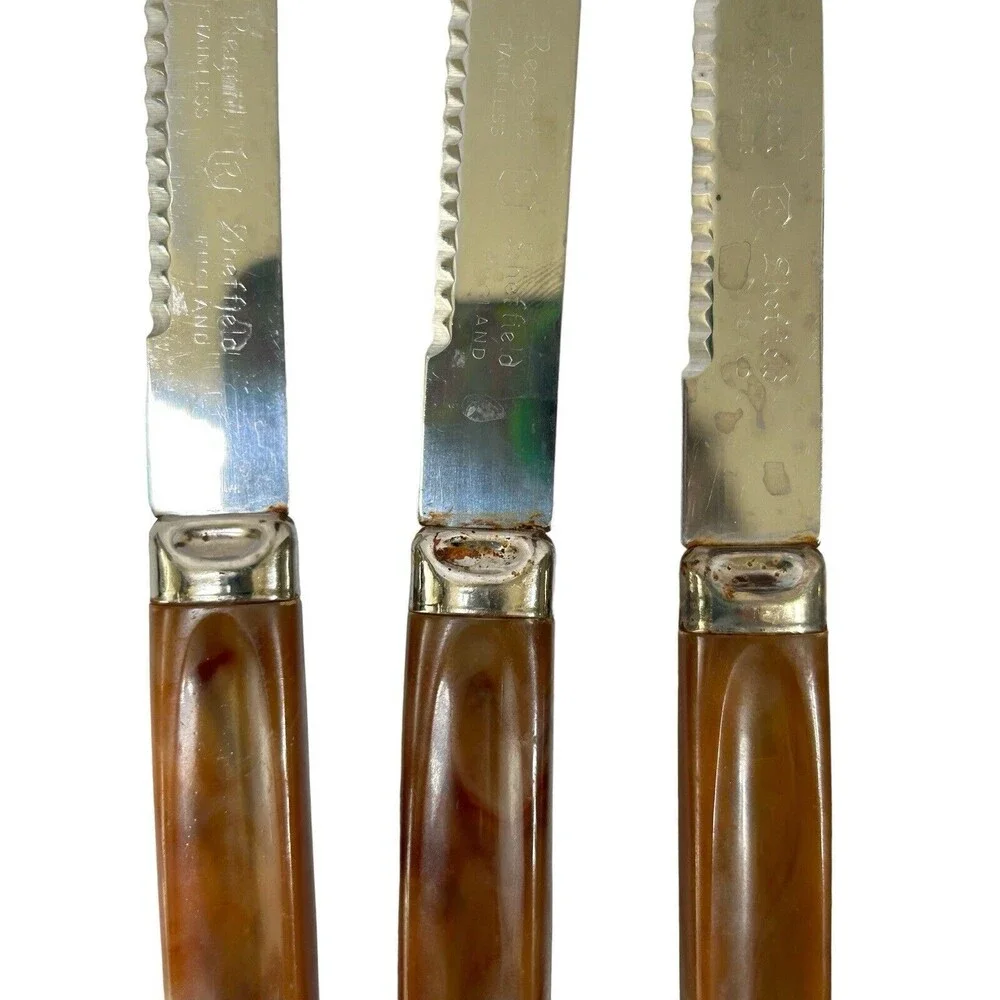 Vintage 1960s Regent Sheffield Stainless Bakelite Steak Knife Set(6) With Block