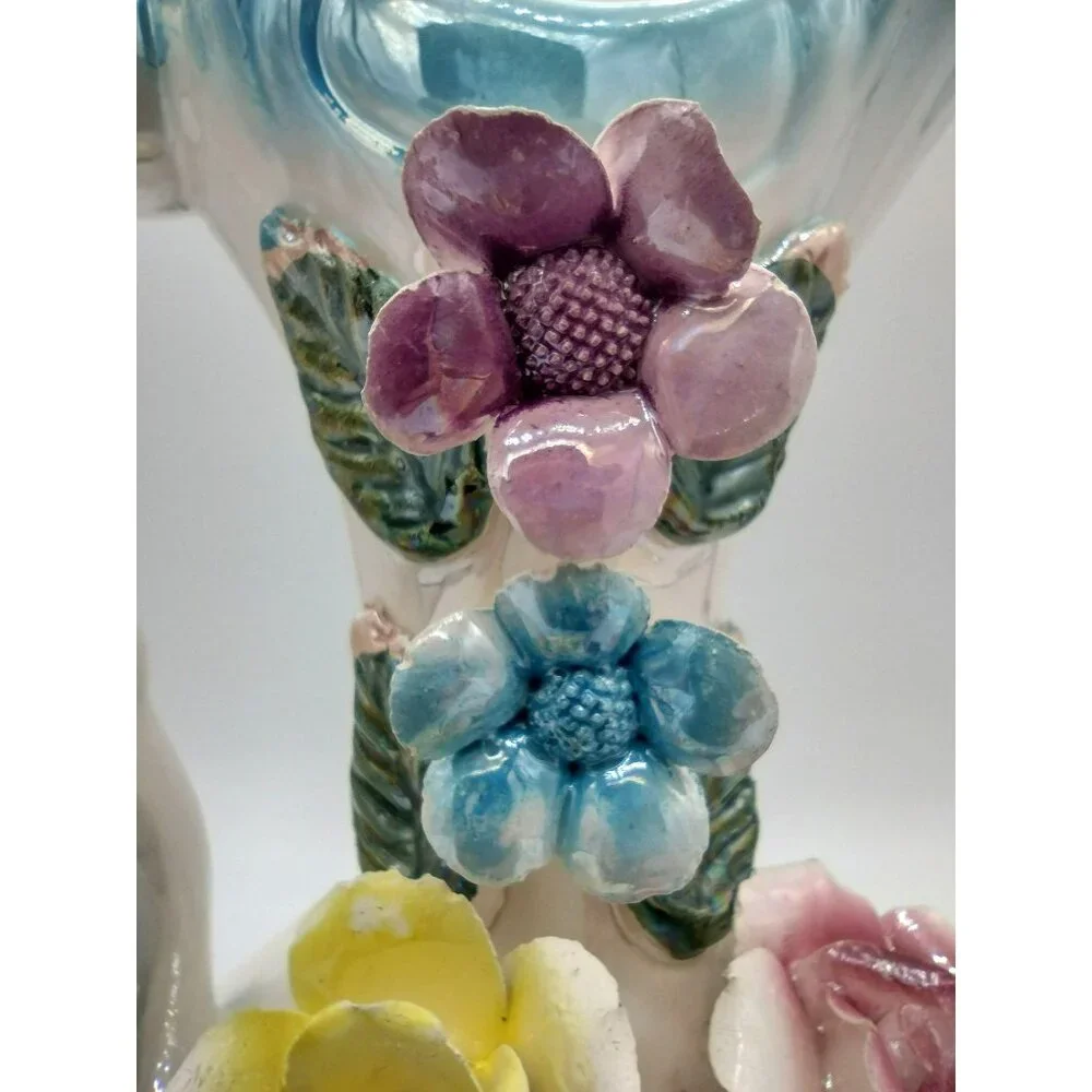 Lusterware Pitcher Vase with Flower Accents and Handle 8 Inches Vintage