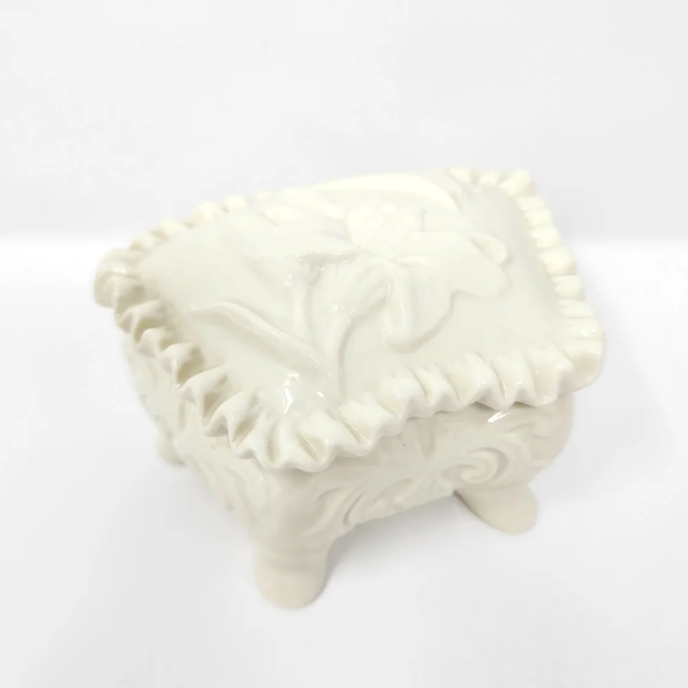 Vintage White Ceramic Glazed Footed Floral Trinket Box