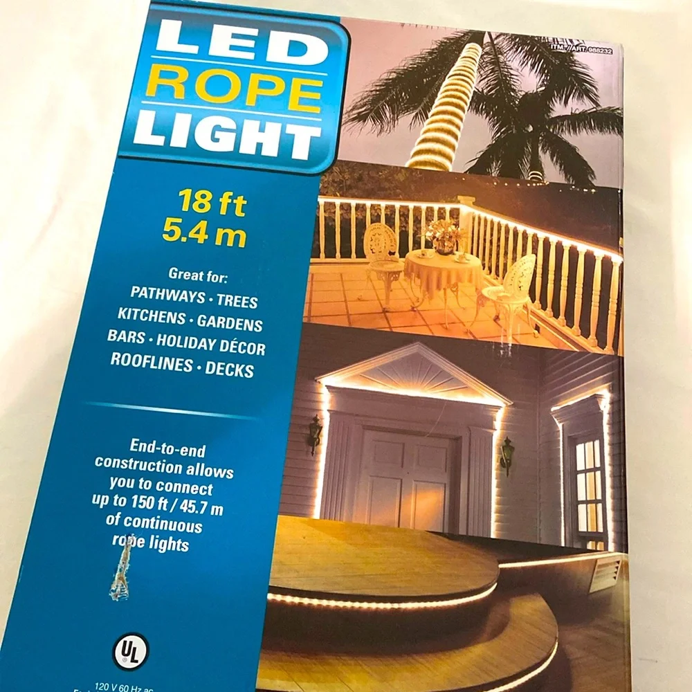 NIB LED rope lights 18 foot pathways, trees. Holiday, roofline decks
