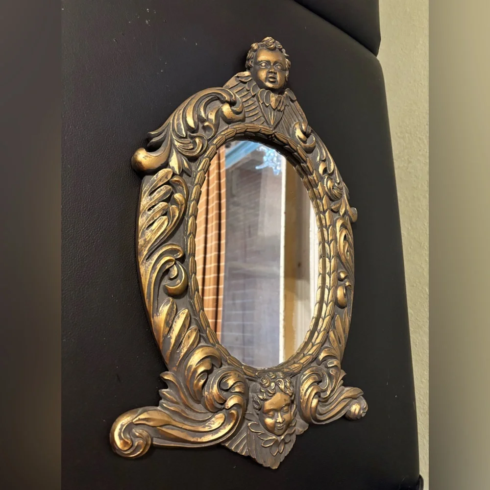 3D CHERUB ANGELS OVAL PLASTER WALL MIRROR HOLLYWOOD REGENCY GOLD