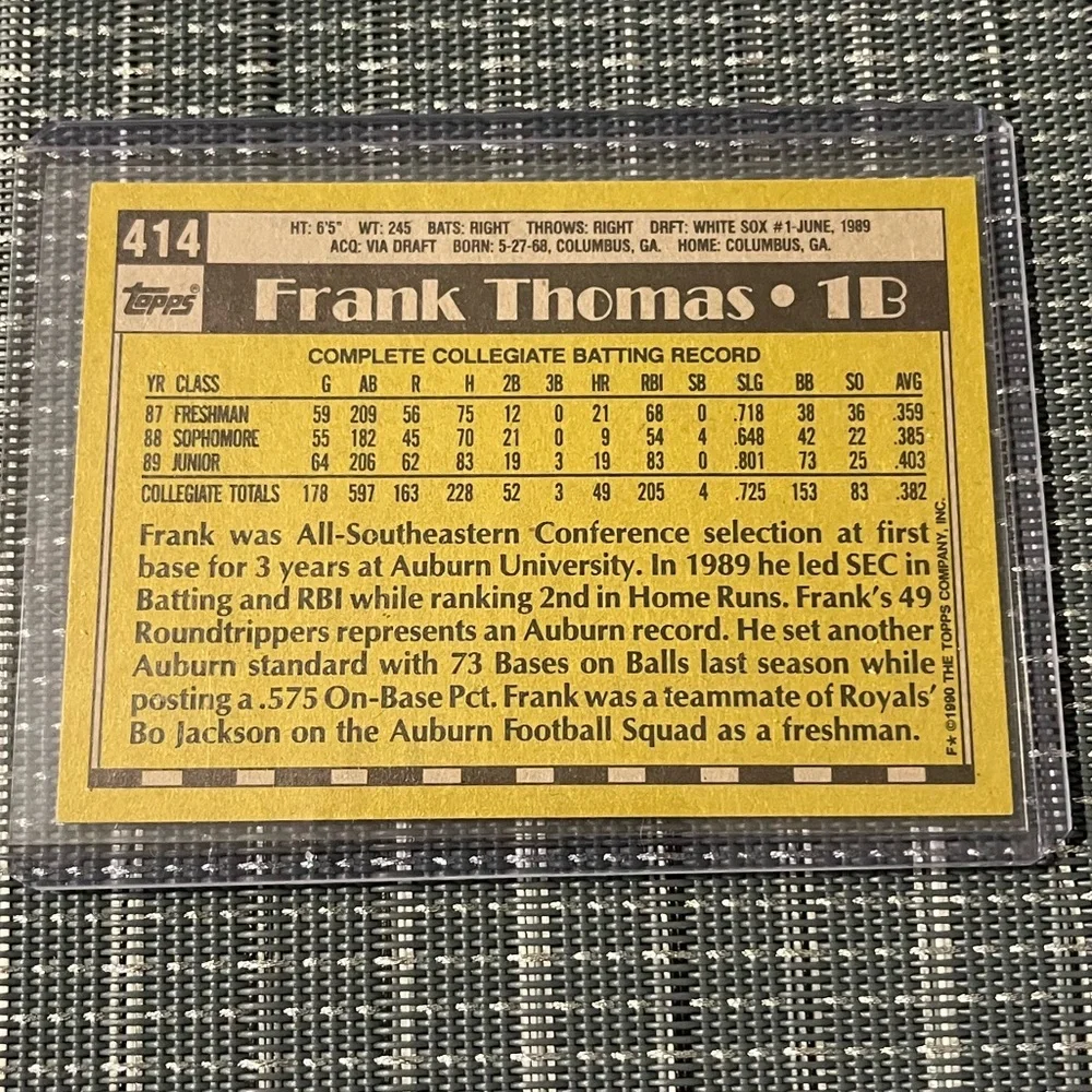 ⚾️ Frank Thomas Topps Company, Inc. 1990 Baseball Draft Pick RC Card #414