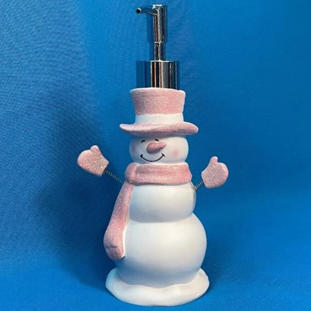 NEW ADORABLE SNOWMAN SOAP / LOTION PUMP DISPENSER WHITE & PINK GLITTER SPARKLE