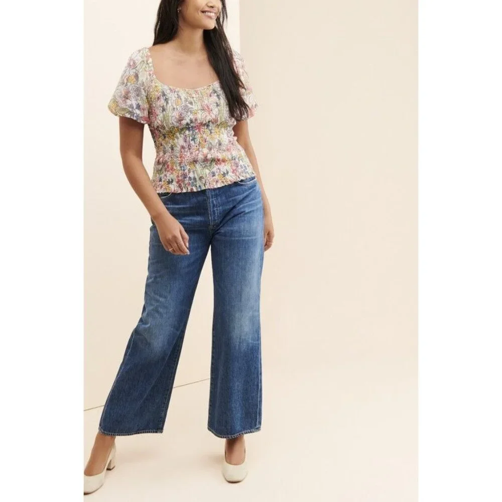 By Anthropologie Aurelia Floral Smocked Mesh Net Top Small Puff Sleeve