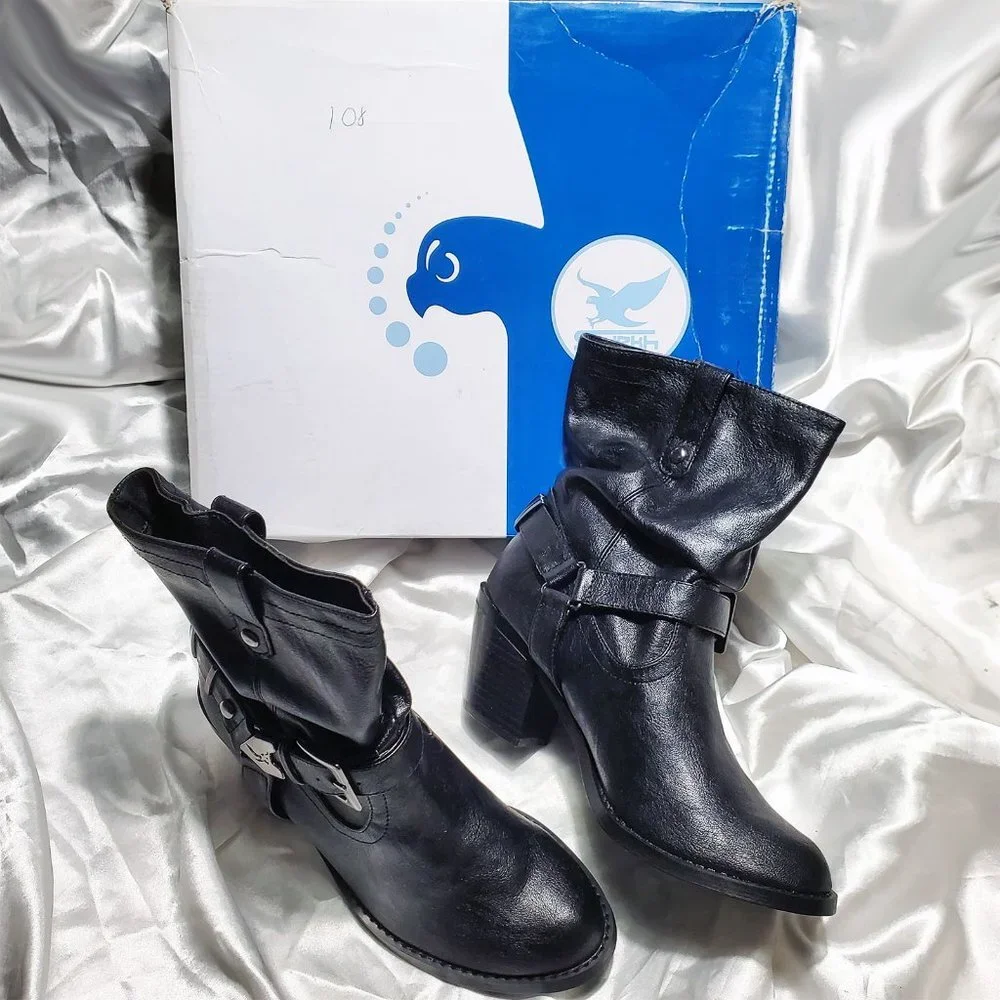 NIB SHIEKH black western motorcycle heeled ankle boots with straps SZ 6
