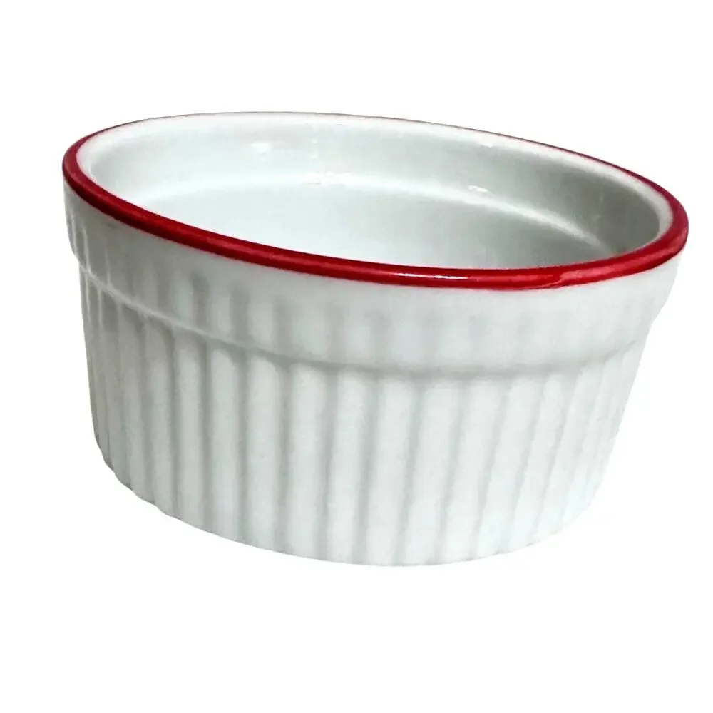 World Market White Ceramic Ribbed Ramekins Red Rim-Set of 7-Excellent!