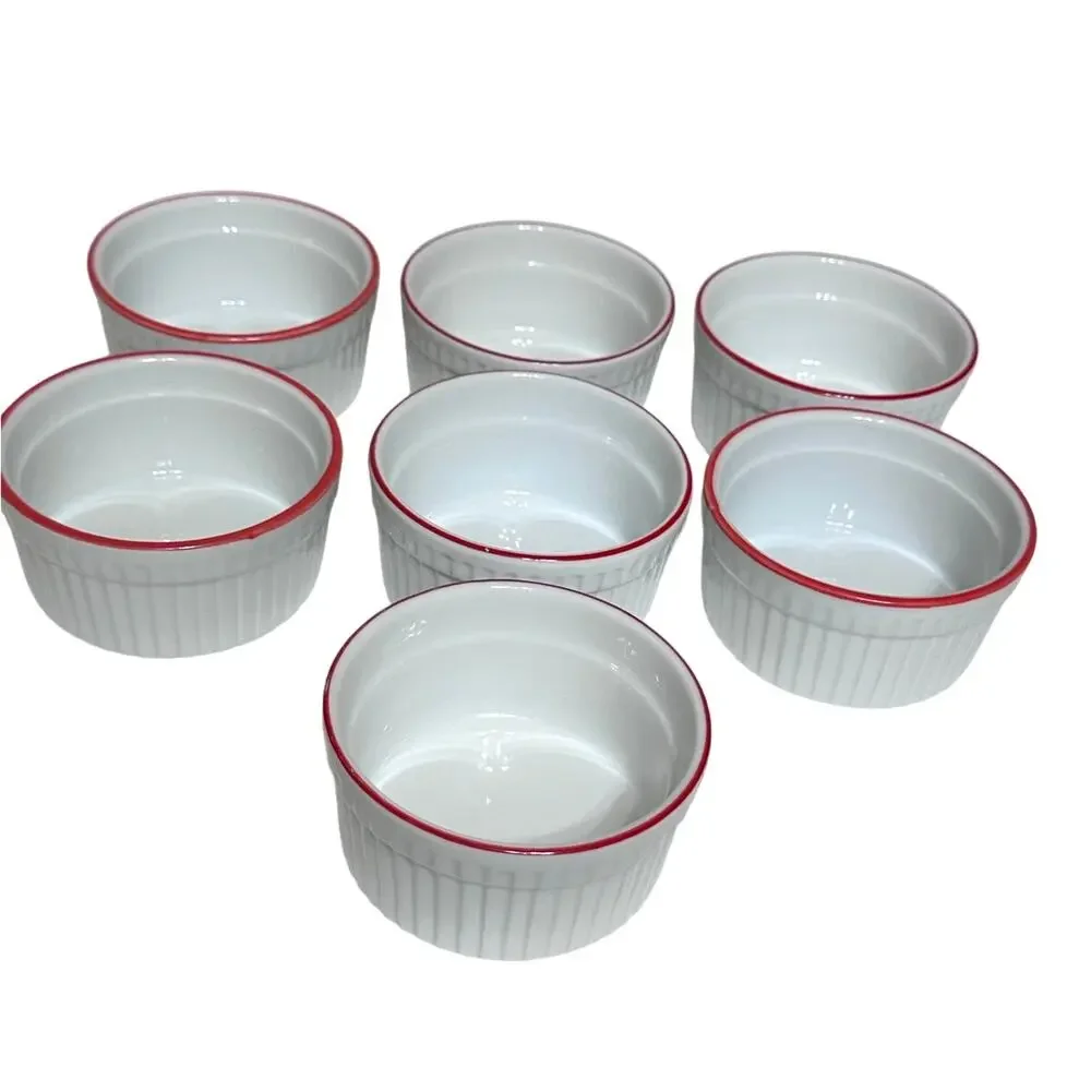World Market White Ceramic Ribbed Ramekins Red Rim-Set of 7-Excellent!