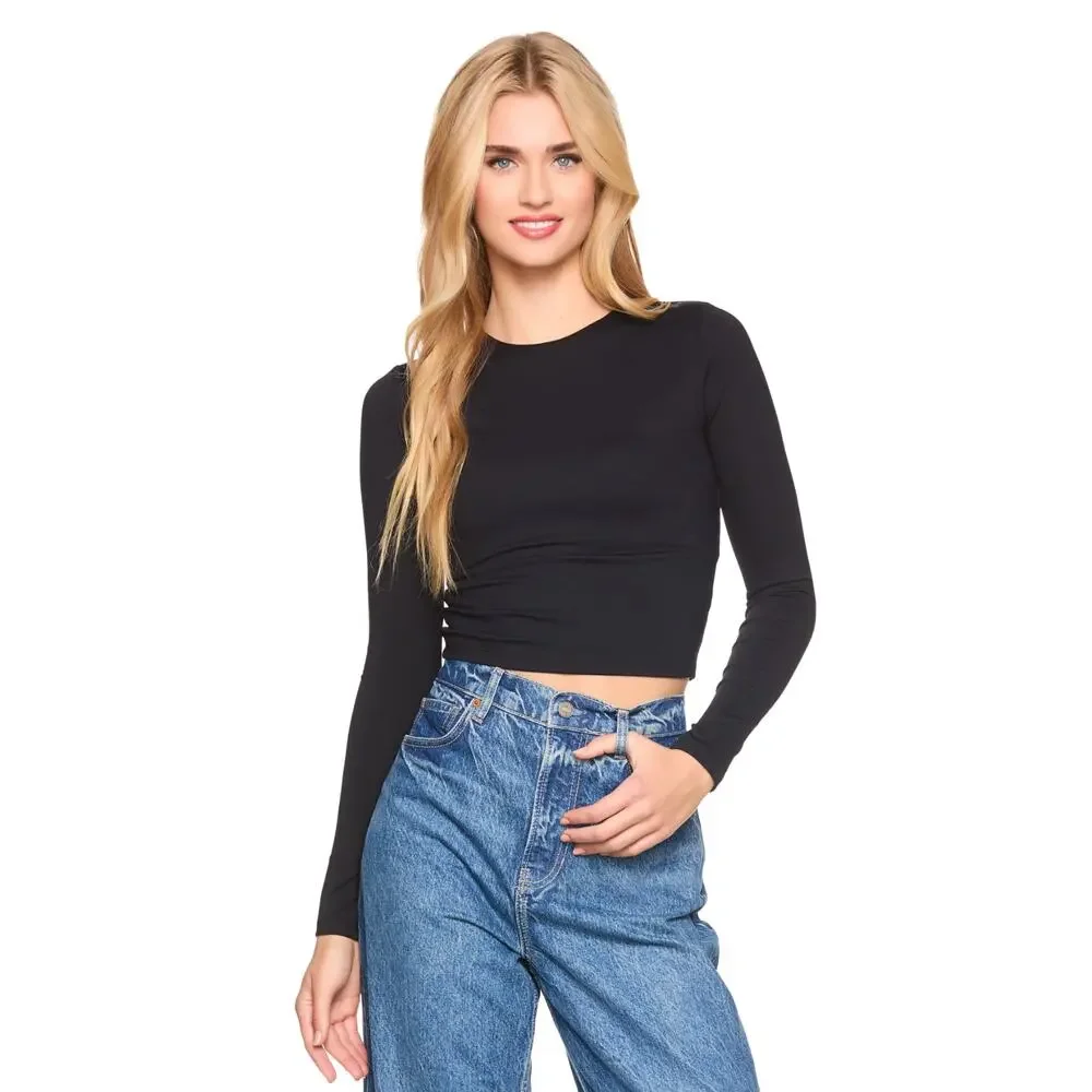 Susana Monaco Long Sleeve Crewneck Crop Top - Black NWT Size Large