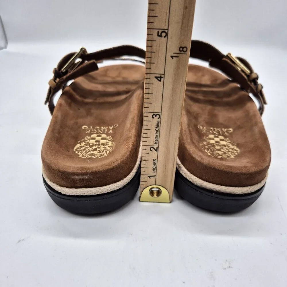 Vince Camuto Ciandra Size 9.5 M Slip On Slide 3 Straps Buckle Brown Flat 934