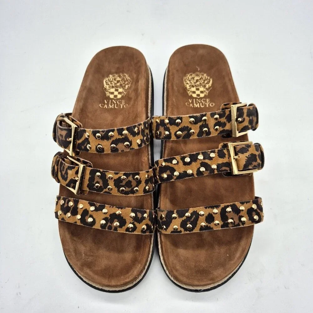 Vince Camuto Ciandra Size 9.5 M Slip On Slide 3 Straps Buckle Brown Flat 934